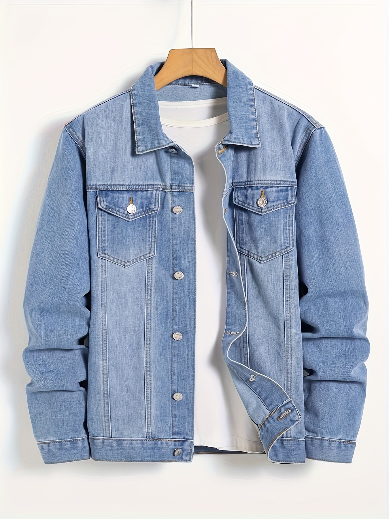 mens chest pocket denim jacket casual button up distressed denim jacket details 3