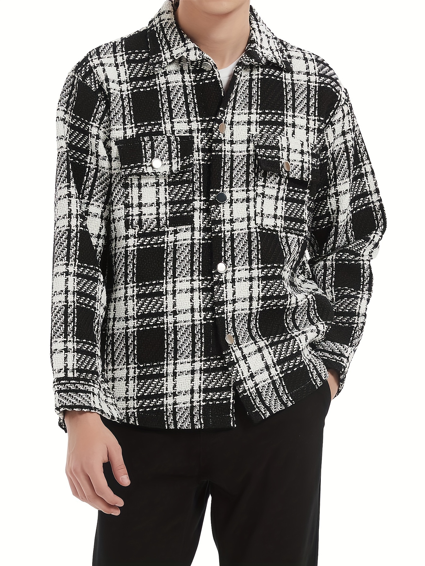 mens button down loose fit long sleeve thick plaid casual shirt jacket black and white checkerboard 02 details 0