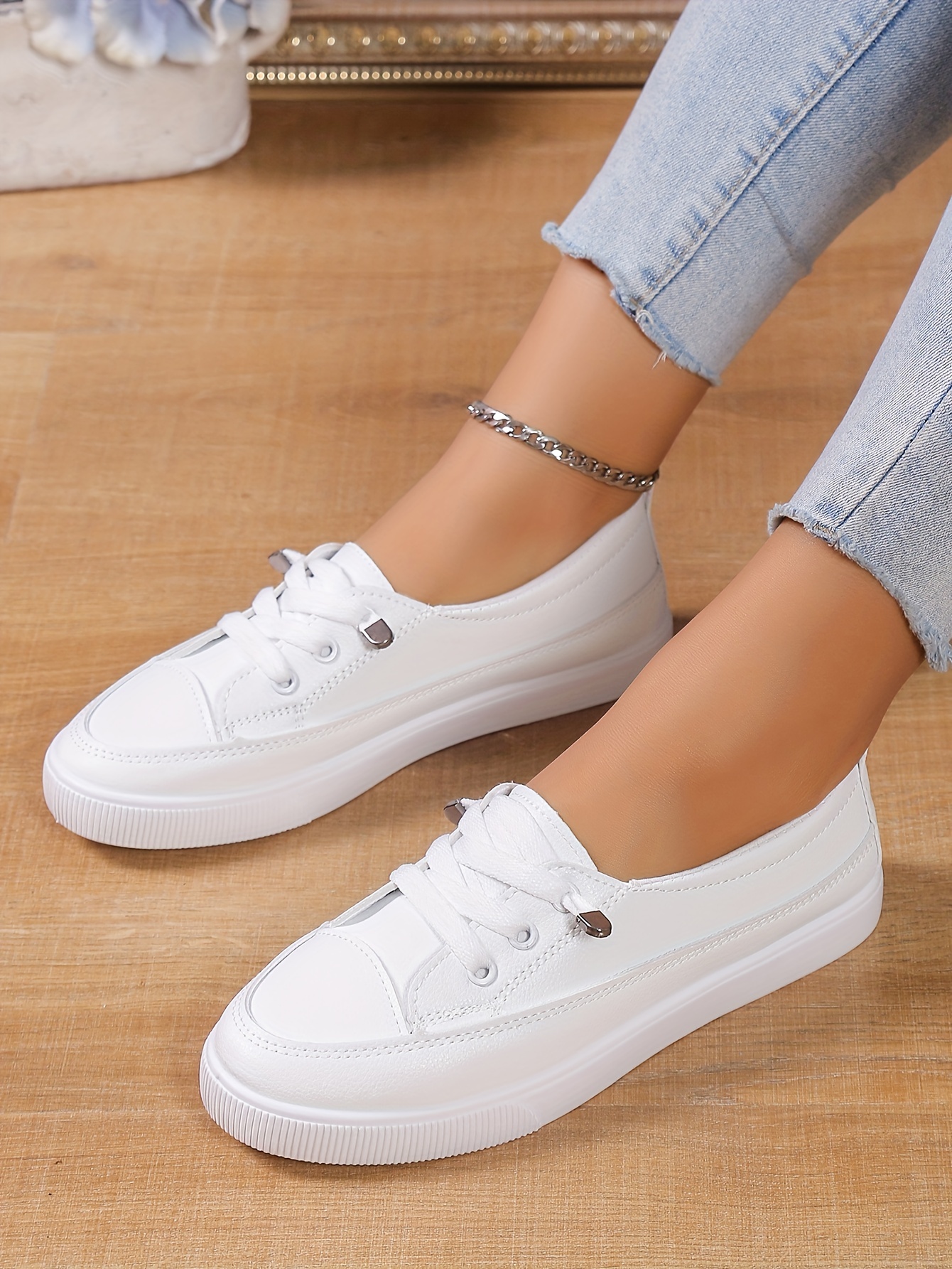 casual flat skate shoes, womens casual flat skate shoes all match low top slip on shoes casual white walking sneakers details 0